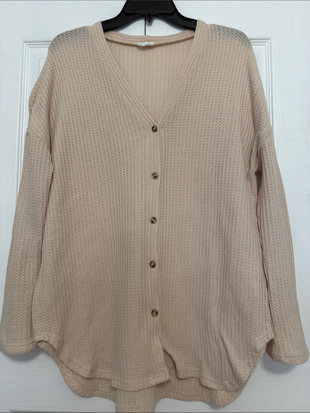 La Miel Beige Waffle-Knit Button-Front Women's Cardigan